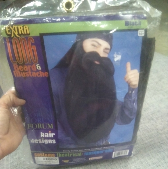 Men's Teen's Extra Long Black Beard & Mustache Halloween Costume Cosplay - Picture 1 of 2